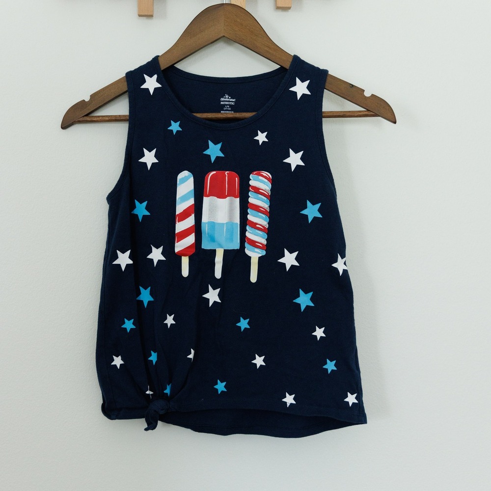 Way to Celebrate Patriotic Girls Tank Top Navy Blue Popsicle Stars Size L 10-12
